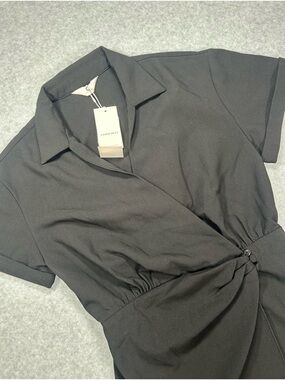 Commense Black Collared Wrap Front Mini Dress NWT Missing Button Top
